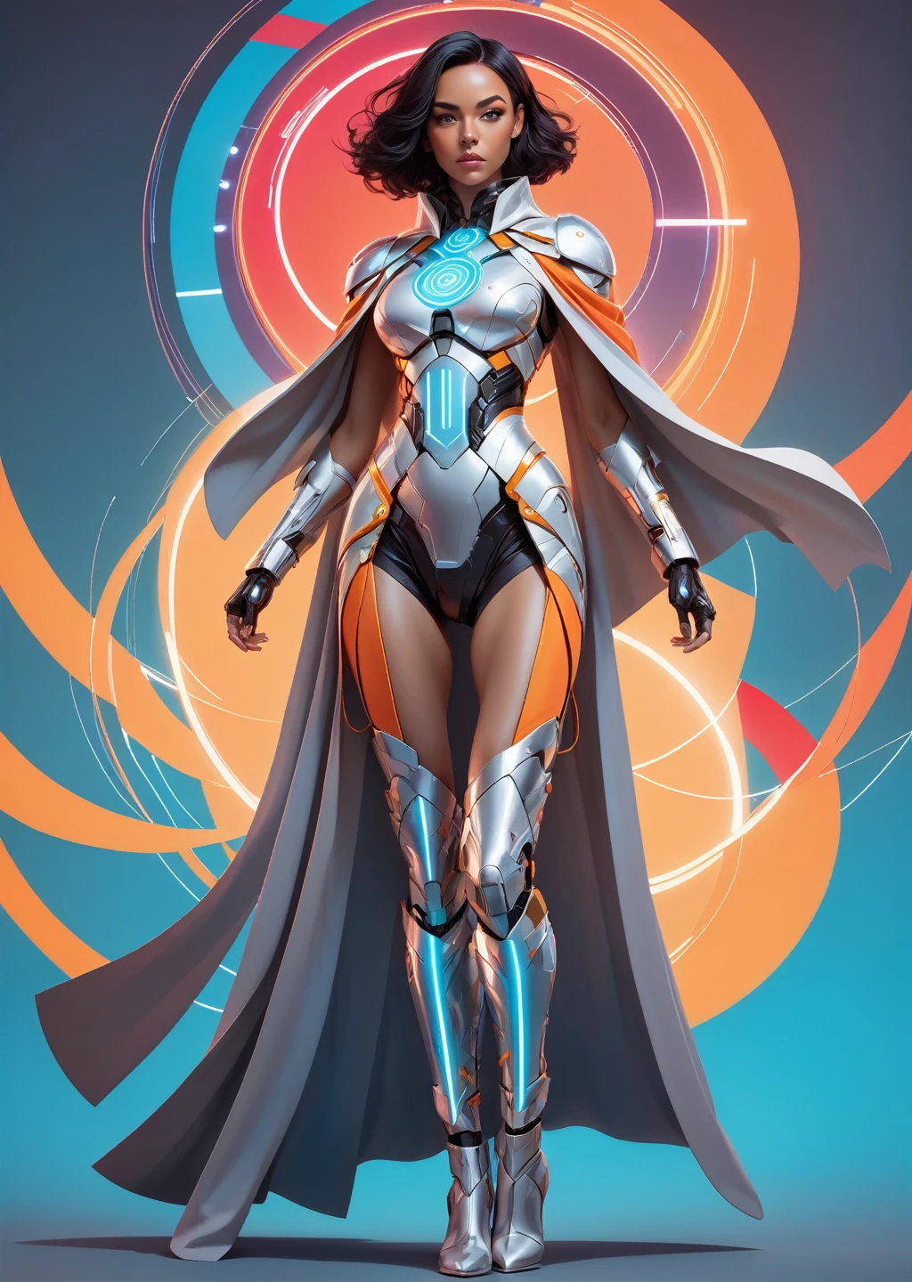 a cyborg warrior woman, full body, 
wearing detailed robes with neckline on the cape, science fiction with hard edges, wires, circuits, 
(dynamic pose, color field, conceptual, contemporary, digital, geometric, minimalism)
(by Tristan Eaton)