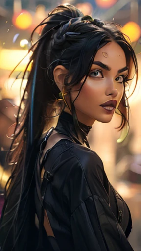 {Ana de Armas}, (Long ponytail hair with black bangs and slightly messy),, (olhos verdes, olhos altamente detalhado e brilhante), (full lips with dark lipstick), (perfect symmetrical body, cintura fina, quadril largo, magra), imagem altamente detalhada, alta qualidade, 16K, estilo cyberpunk, Altamente hiper realista.