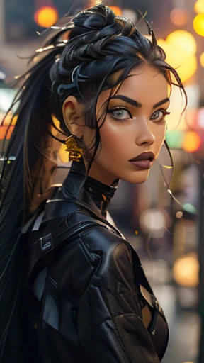 {Ana de Armas}, (Long ponytail hair with black bangs and slightly messy),, (olhos verdes, olhos altamente detalhado e brilhante), (full lips with dark lipstick), (perfect symmetrical body, cintura fina, quadril largo, magra), imagem altamente detalhada, alta qualidade, 16K, estilo cyberpunk, Altamente hiper realista.
