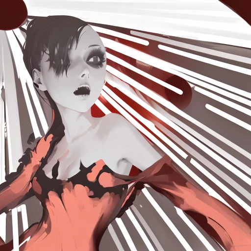 there is a woman with a red top and a black and white picture, an scp anomalous object, weird expressionist pose, an expressive digital painting, bikini. background of hell. gore, absurdist wiggly blob in a dress, face of a pale alien cultist, speedpaint, scp 3008, yume nikki, [ conceptual art ]!!