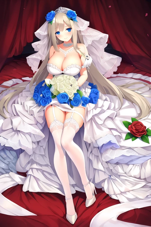((masterpiece)), (((best quality))), ((ultra-detailed)), ((illustration)), ((disheveled hair)), ((frills)), (1 girl), (solo),1girl,anthropomorphization , bent knees, blonde hair , blue eyes, blue flower , blue rose, blush, braid , breasts , choker, cleavage , clothing, dress, female, female only, flower , footwear , garter belt, gloves, hair flower, hair ornament, halter dress, high heels , large breasts , legwear , lingerie , long hair , looking at viewer, rose, shoes , sitting , smile, strap, thighhighs , thighs , tied hair , very long hair, white dress , white footwear , white legwear, Trailing wedding dress