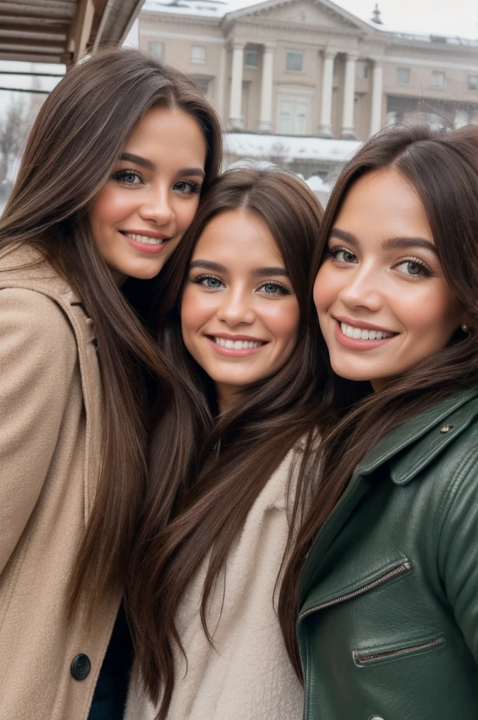 Casual photograph, best quality, 8K, hyper detailed, half body, A close up portrait of three gorgeous, beautiful, wonderful women, argentinian, peruvian and russian females together posing for the camera. Women have super long hair, argentinian girl has brown hair, peruvian girl has brunette hair, and russian girl has light brown hair. They are wearing winter outfits, They are wearing leather jackets. The three girls are wonderful, dream, ethereal, timeless, majestic beauties from Argentina, Perú and Russia, two hispanics and one slavic dream beauties who comes to the hearts. They're glad, smiling and enjoying a day at park in winter. True friendship, they pose happy for the camera. Railway station at background.
