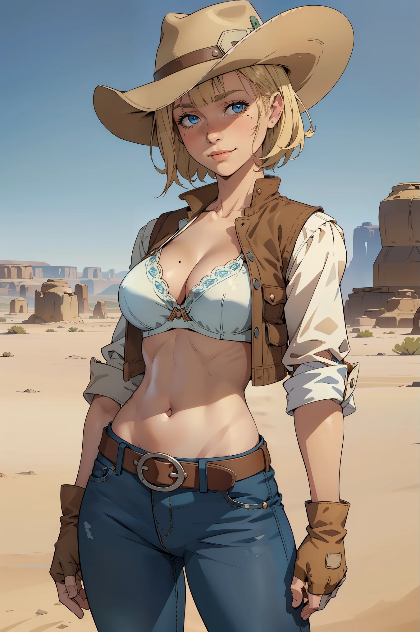 1girl, cowboy hat, white bra, green vest, no sleeves, navel, blue jeans, brown boots, fingerless gloves, short gloves, slight smile, short hair, blonde hair, parted bangs, blue eyes, mole under right eye, American Old West, sunny desert background, belt, best quality, masterpiece