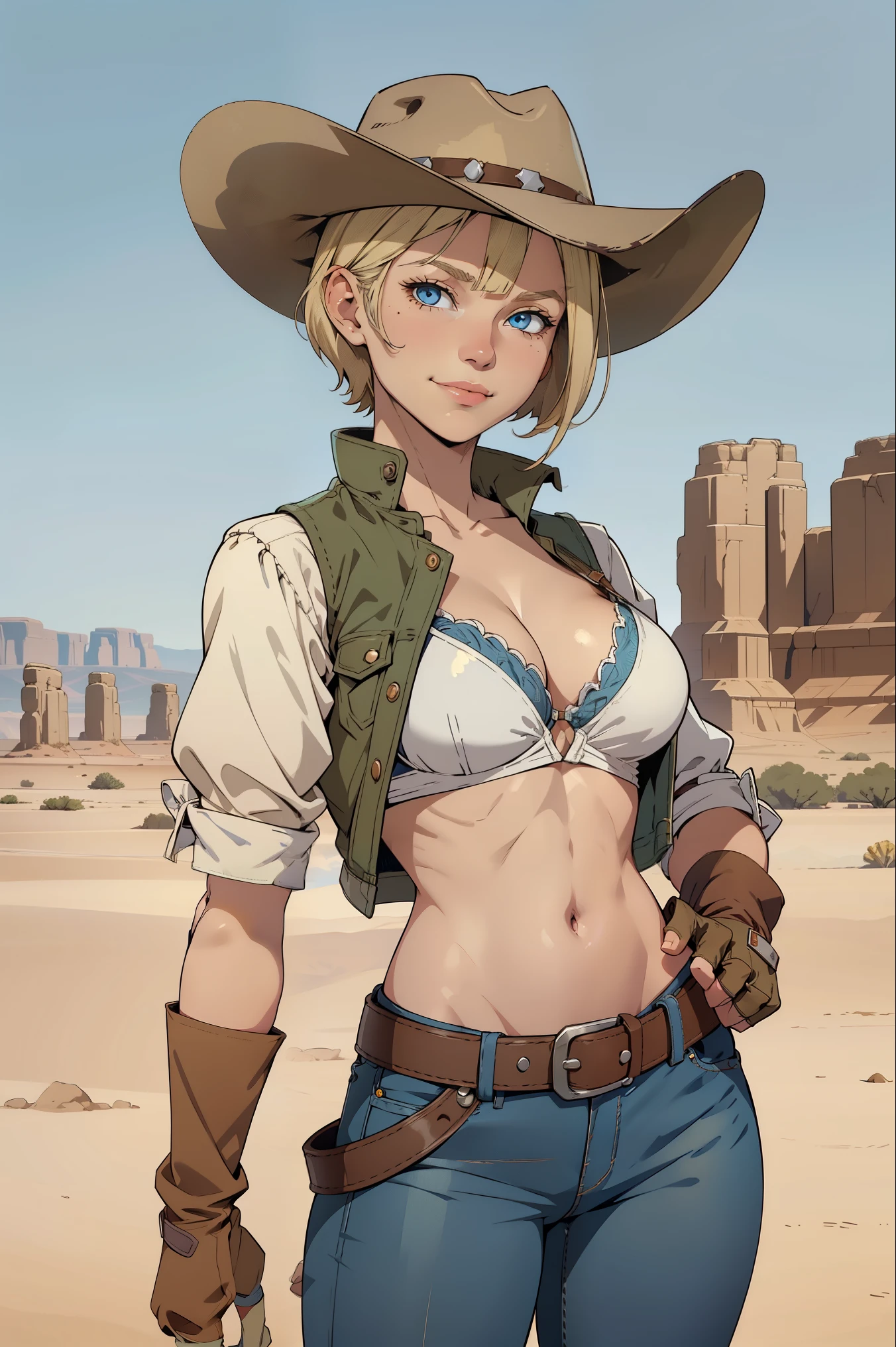 1girl, cowboy hat, white bra, green vest, no sleeves, navel, blue jeans, brown boots, fingerless gloves, short gloves, slight smile, short hair, blonde hair, parted bangs, blue eyes, mole under right eye, American Old West, sunny desert background, belt, best quality, masterpiece