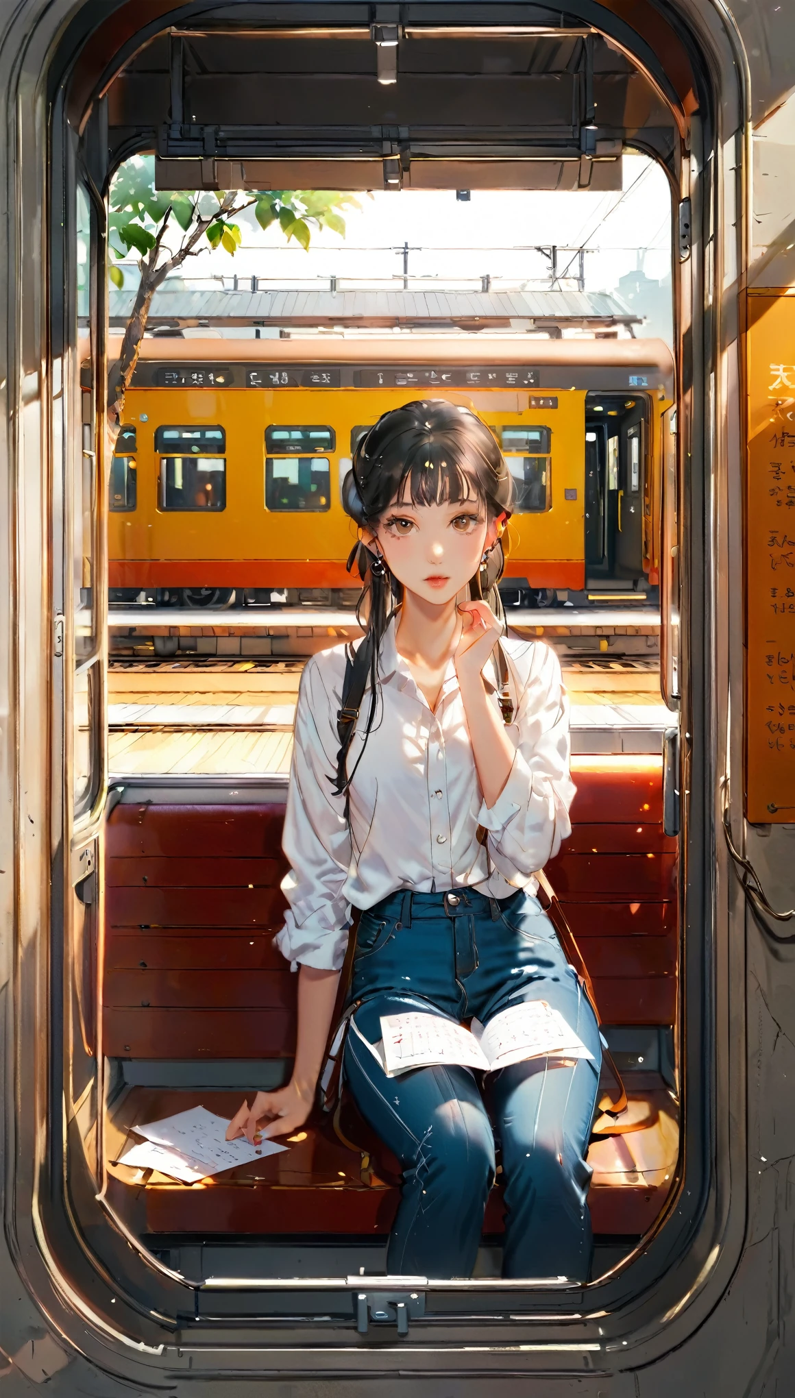 1 girl wearing white shirts and denim pants, girl sitting bench in the station, note, view from train window