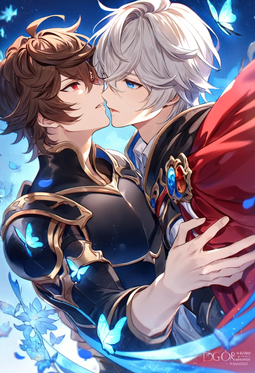absurdres, highres, ultra detailed, HDR, master piece, best quality, Lucifer, white hair, expressive blue eyes, granblue fantasy, Sandalphon, brown hair, expressive red eyes, two men together, gay couple, yaoi, handsome, black armor, red cape, patterns, magical, fantasy, blue background, blue lotus, shining, blue petals, blue sparkling butterflies