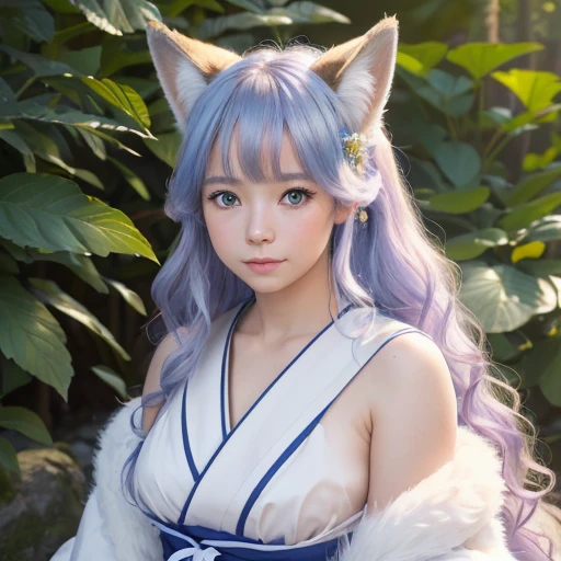 (best quality,4k,8k,highres,masterpiece:1.2),ultra-detailed,(realistic,photorealistic,photo-realistic:1.37),cute,solo girl with white long wavy hair,blue eyes,fox ears,fluffy fox tail,wearing traditional Japanese clothing, summer time in Japan,beautiful garden scenery,lush greenery,colorful