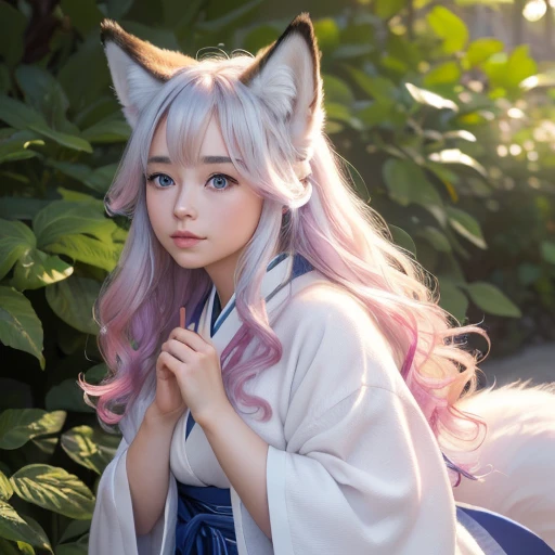 (best quality,4k,8k,highres,masterpiece:1.2),ultra-detailed,(realistic,photorealistic,photo-realistic:1.37),cute,solo girl with white long wavy hair,blue eyes,fox ears,fluffy fox tail,wearing traditional Japanese clothing, summer time in Japan,beautiful garden scenery,lush greenery,colorful