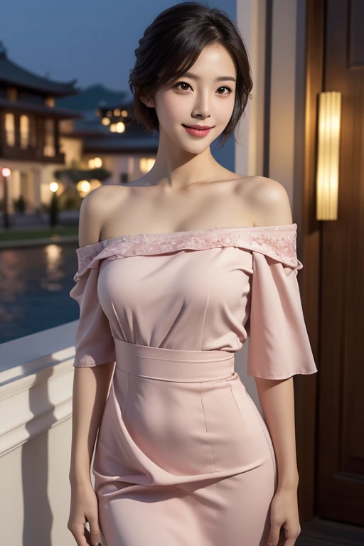 (8K, highest quality, masterpiece: 1.2), (realistic, photo-realistic: 1.37), super detailed, ((( 1 asian girl))), alone, beautifully detailed sky, detailed hotel, Night, standing, date, (blushing), (smiling: 1.15), (closed mouth) small breasts, beautiful fine eyes, (shirt: 1.1), red sexy Off-the-shoulder dress, (short hair: 1.2), Floating hair NovaFrogStyle, ( body)), standing, sexy, attractive