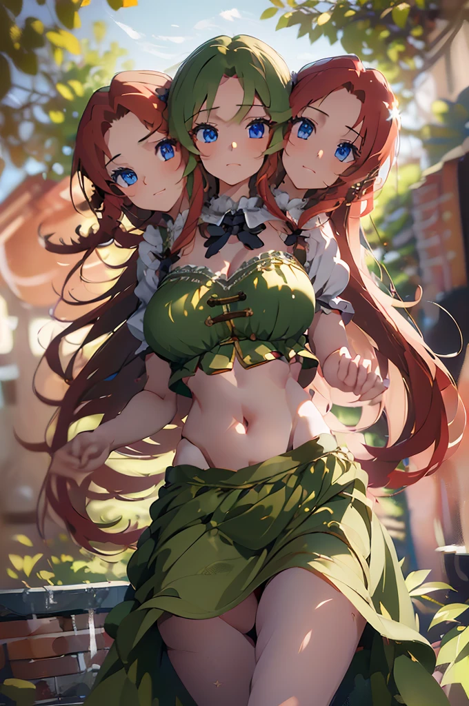 (masterpiece, best quality),best quality, (ultra-detailed), (3heads:1.5), 1girl, (ultra-detailed), (3heads:1.5), 1girl, (hong meiling:1.3), masterpiece, (best quality:1.5, highres, UHD), highres, absurdo, ultra detail, ultra quality, Ultra resolution, green top, crop top, ((stomach)), midriff, ((groin)), green skirt, miniskirt, normal ears, shackles, red hair, very long hair, wavy hair, sidelocks, blue eyes, parted lips, midriff, sweat, cute, toned belly, hand on own chest, eyelashes, (24 year old woman:1.3), (masterpiece:1.5), (best quality:1.5), (beautiful detailed), extremely detailed CG, extremely delicate and beautiful, depth of field, (finely detailed face), (perfect details:1.2), (mature female:1.3), wide pelvis, slender, large veiny breast, 16k resolution, high quality, high definition, extremely detailed, masterpiece, red hair, long hair, alluring presence, twin braid, short skirt, close up, big tits, young, striped, green beret, hair ornament, chinese clothes, star hat ornament, open belly, nsfw,