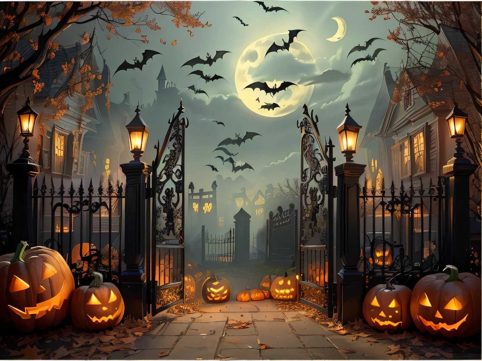 halloween scene with pumpkins and bats in front of a gate, halloween scene, Spooky atmosphere, Scary magic background, halloween atmosphere, spooky halloween night, halloween theme, halloween night, unforgettable, spooky halloween theme, haunted background, terrible night, haunted house themed, Bats fly over tombstones, halloween, halloween celebration, shutter, Trick-or-treating without sugar