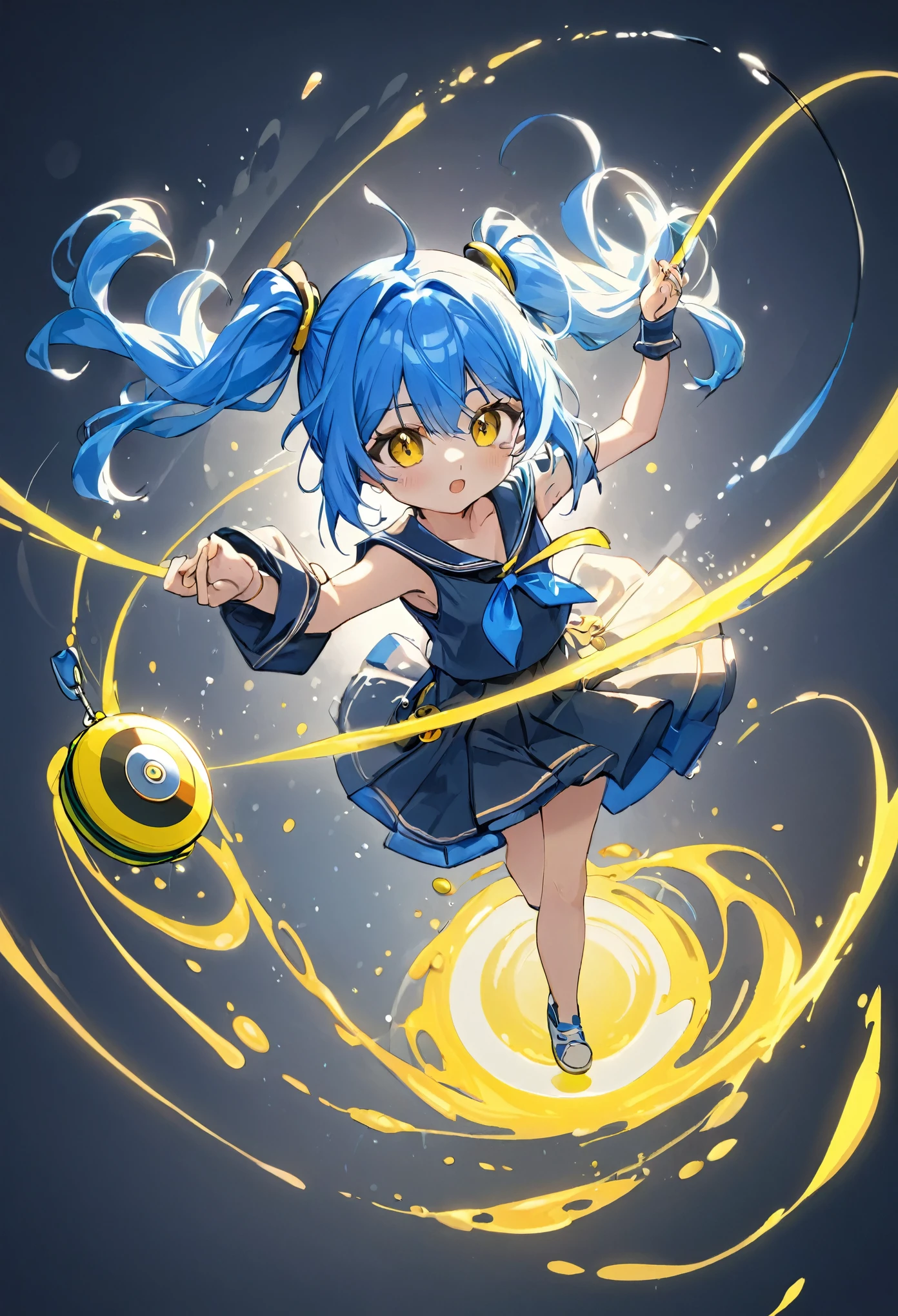 Blue haired anime girl holding yellow spine in hand, Splash Art Anime , Anime Style 4k, gyroscope, Light blue long hair、Beautiful girl with twin tails、Dark Eyes、Sharp Face、playing a yoyo.spin a yoyo up and down on its string、Throwing a Yo-Yo、Sailor suit