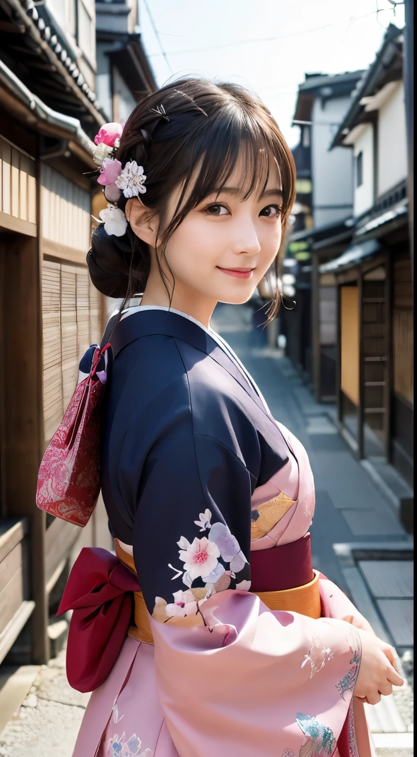 Professional Lighting,(Photorealistic:1.4), (Top image quality:1.0), (超A high resolution:1.0), 8k, Raw photography, (masterpiece:0.2), (Facing the children_v1:0.5)、(最高quality Detail:1.2)、Realistic、8K Ultra HD、High resolution、(1 girl:1.2)、超detailedな、High quality textures、複雑なdetailed、detailed、Very detailed CG、High quality shadows、detailed 美しく繊細な顔、Beautiful details and a delicate eye、(Symmetrical eyes:1.2),Written boundary depth、Ray Tracing,1 girl, Japanese Girls, (Natural smile:1.4),cute, thin, Portrait of a beautiful Japanese woman in a kimono, Standing elegantly on a street corner in Kyoto. Kimono with vibrant traditional patterns, Hair decorated with elegant and delicate hairpins, Gentle expression. (With the old streets of Kyoto in the background:1.4)、The soft light of a spring afternoon、Adding tranquility to the scene. Rendered in a Realistic style with great attention to detail, High resolutionの画像.Sky Porn, Magic Hour, (Realistic:1.3), finely, quality, (Tabletop:1.2), (Realistic:1.2), (最高quality), (複雑なdetailed), dramatic, Ray Tracing, photograph, +roller