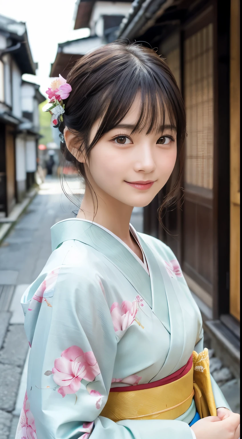 Professional Lighting,(Photorealistic:1.4), (Top image quality:1.0), (超A high resolution:1.0), 8k, Raw photography, (masterpiece:0.2), (Facing the children_v1:0.5)、(最高quality Detail:1.2)、Realistic、8K Ultra HD、High resolution、(1 girl:1.2)、超detailedな、High quality textures、複雑なdetailed、detailed、Very detailed CG、High quality shadows、detailed 美しく繊細な顔、Beautiful details and a delicate eye、(Symmetrical eyes:1.2),Written boundary depth、Ray Tracing,1 girl, Japanese Girls, (Natural smile:1.4),cute, thin, Portrait of a beautiful Japanese woman in a kimono, Standing elegantly on a street corner in Kyoto. Kimono with vibrant traditional patterns, Hair decorated with elegant and delicate hairpins, Gentle expression. (With the old streets of Kyoto in the background:1.4)、The soft light of a spring afternoon、Adding tranquility to the scene. Rendered in a Realistic style with great attention to detail, High resolutionの画像.Sky Porn, Magic Hour, (Realistic:1.3), finely, quality, (Tabletop:1.2), (Realistic:1.2), (最高quality), (複雑なdetailed), dramatic, Ray Tracing, photograph, +roller