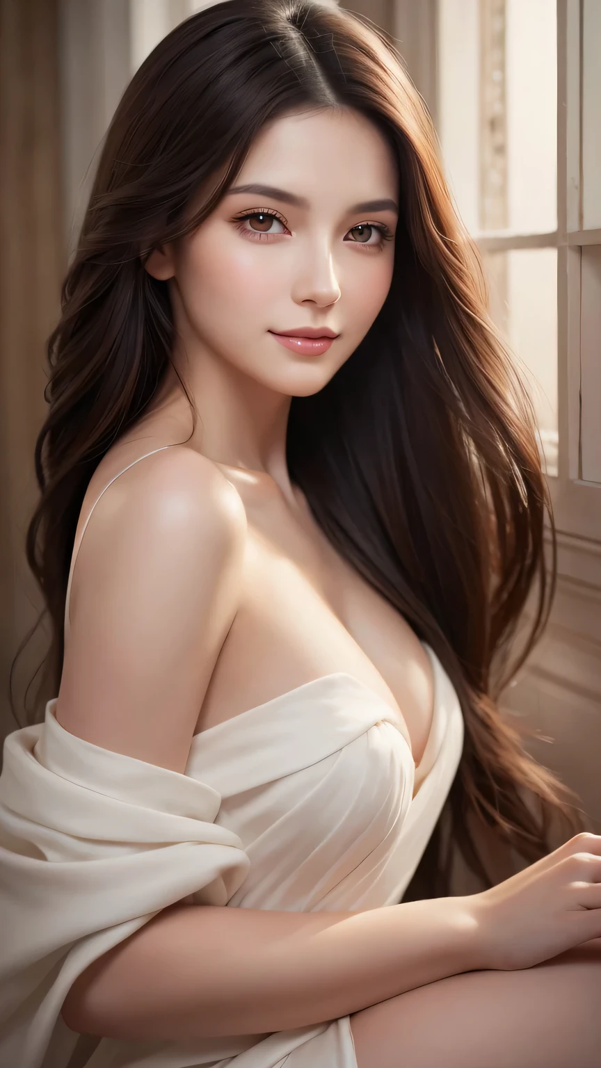 Soft portrait of a beautiful woman, flowing dark hair, captivating gaze, elegant features, radiant smile, feminine beauty, subtle makeup, striking eyes, long lashes, graceful posture, stylish attire, soft shadows, warm skin tones, detailed portrait, realistic style, high-resolution, delicate lighting, digital painting, by Sofia Bonati, Behance.