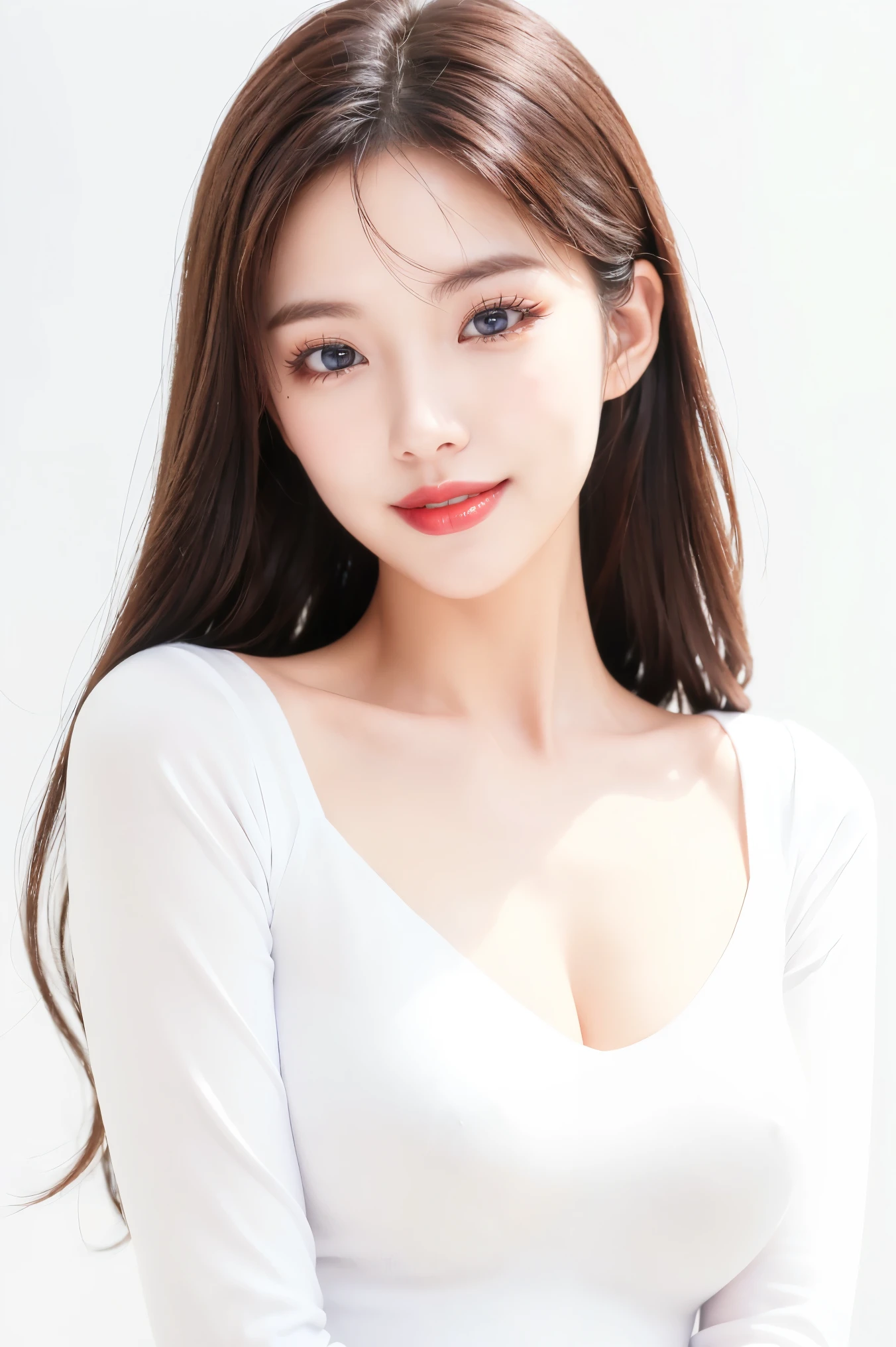 (highest quality、Tabletop、8k、Best image quality、Award-winning works)、Cute beauty、(White fitted V-neck long sleeve knit:1.2)、(Close-fitting V-neck long-sleeve knit:1.1)、(The simplest pure white background:1.6)、(Face close-up:1.3)、(Very large breasts:1.1)、Accentuate your body lines、Beautiful and exquisite、Look at me and smile、(look straight at me:1.1)、(Perfect Makeup:1.1)、Bright lipstick、Ultra-high definition beauty face、Ultra HD Hair、Ultra HD Shining Eyes、Ultra High Resolution Perfect Teeth、Super high quality glossy lip、Accurate anatomy、Very beautiful skin、Pure white skin shining in ultra-high resolution、An elegant upright posture when viewed from the front、(Very bright:1.2)