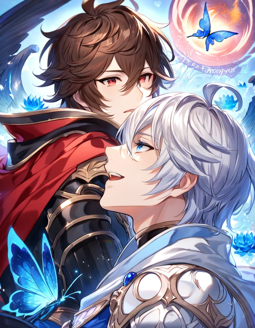 absurdres, highres, ultra detailed, HDR, master piece, best quality, Lucifer, white hair, expressive blue eyes, granblue fantasy, Sandalphon, brown hair, expressive red eyes, two men together, gay couple, yaoi, handsome, black armor, red cape, patterns, magical, fantasy, blue background, blue lotus, shining, blue petals, blue sparkling butterflies
