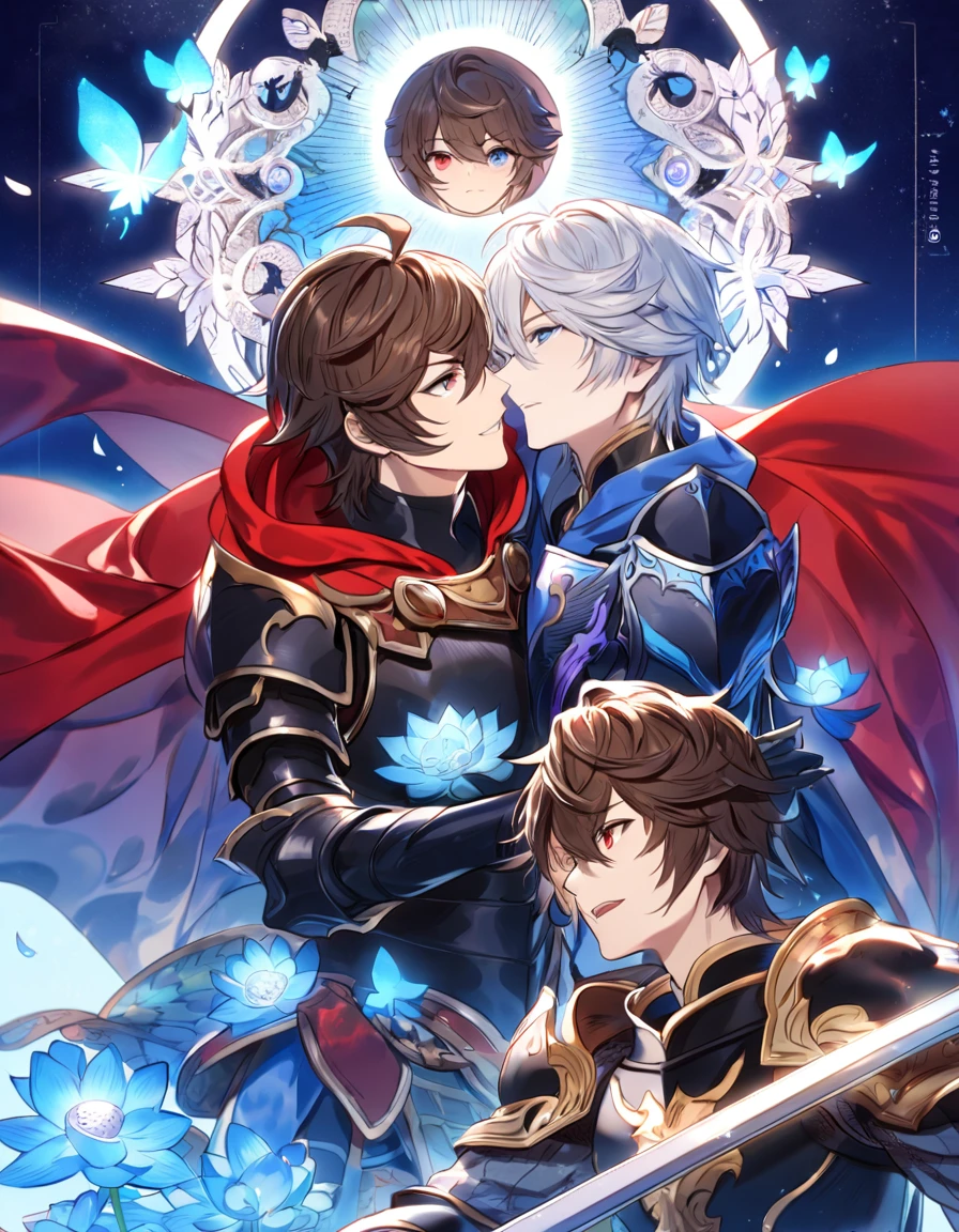 absurdres, highres, ultra detailed, HDR, master piece, best quality, Lucifer, white hair, expressive blue eyes, granblue fantasy, Sandalphon, brown hair, expressive red eyes, two men together, gay couple, yaoi, handsome, black armor, red cape, patterns, magical, fantasy, blue background, blue lotus, shining, blue petals, blue sparkling butterflies