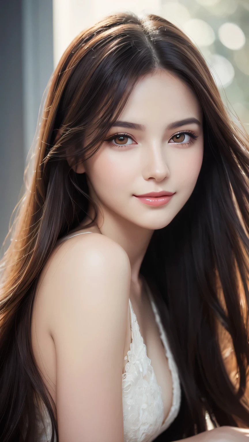 Soft portrait of a beautiful woman, flowing dark hair, captivating gaze, elegant features, radiant smile, feminine beauty, subtle makeup, striking eyes, long lashes, graceful posture, stylish attire, soft shadows, warm skin tones, detailed portrait, realistic style, high-resolution, delicate lighting, digital painting, by Sofia Bonati, Behance.