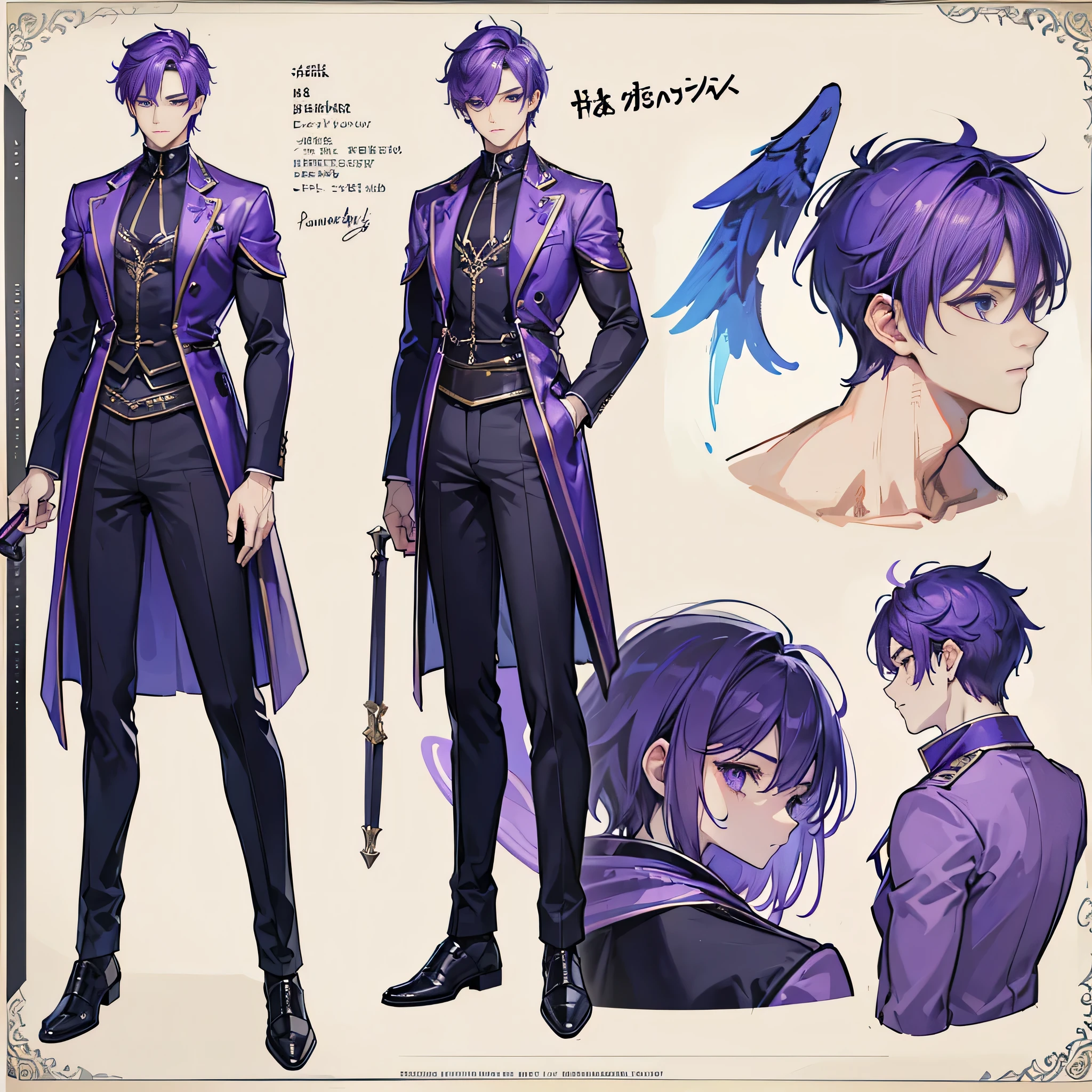 ((Masterpiece, Highest quality)), (Masterpiece, best quality), detailed, 1boy, ((character concept art)), ((character design sheet, same character, front, side, back)), Male, boy, Detailed face, character design sheet，full bodyesbian, Full of details, frontal body view, back body view, Highly detailed, character sheet, character design, Many parts, dark skin, angel wings, short purple hair, angel outfit, masculine, male muscle, Muscle boy with purple short hair，handsome man, male angel , man tall,
