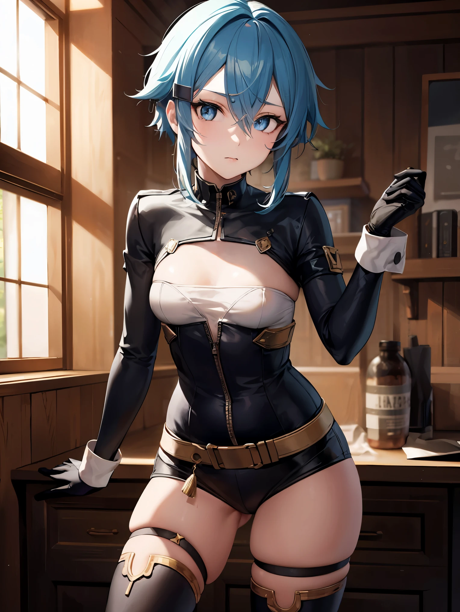 deep skin,textured skin,shinoasada, sinon, blue eyes, blue hair, hair ornament, hair between eyes, hairclip, short hair, sidelocks, (small breast:1.2),
BREAK (long sleeves, blue thighhighs, gloves, medium breasts:1,2)
BREAK (soft focus, telephoto shot, over the knee shot, flashy pose),
BREAK (masterpiece:1.2), best quality, high resolution, unity 8k wallpaper, (illustration:0.8), (beautiful detailed eyes:1.6), extremely detailed face, perfect lighting, extremely detailed CG, (perfect hands, perfect anatomy),