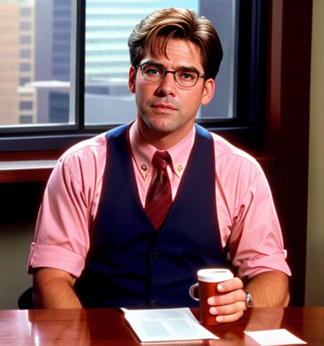 A photo of a desk with a stack of TPS reports and a red stapler,Office Space movie,Lumbergh is typically seen in a business-casual attire, sporting a white collared shirt, suspenders, and off-color tie. His hair is neatly combed back, and he is almost always seen carrying a coffee mug, further emphasizing his corporate persona. He drives a blue Porsche 911. , male