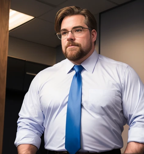 A photo of a desk with a stack of TPS reports and a red stapler,Office Space movie,Lumbergh is typically seen in a business-casual attire, sporting a white collared shirt, suspenders, and off-color tie. His hair is neatly combed back, and he is almost always seen carrying a coffee mug, further emphasizing his corporate persona. He drives a blue Porsche 911. , male