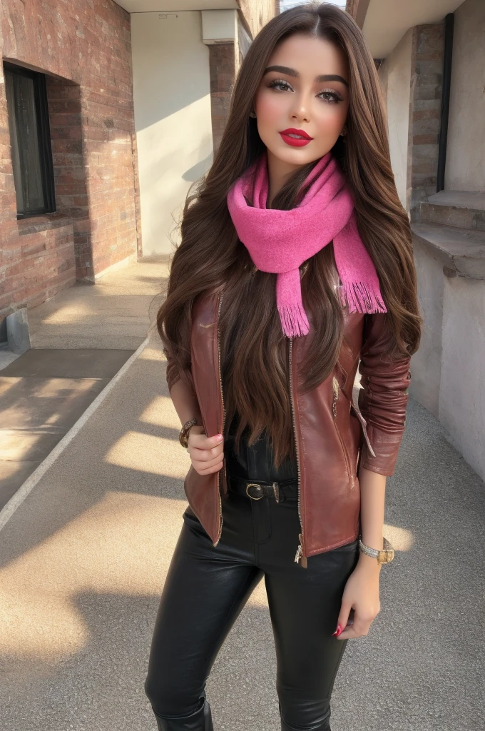 Photorealistic, best quality, hyper detailed, full-body picture. Gorgeous, pretty, warm-hearted, kind-hearted, good-hearted, stunning, cheerful, sweet, polite, sensitive, sensible, shiny, charming, alluring, dreamy, graceful, classy, stylish, flowing quite long brown haired azerbaijani woman with the cutest face, skin, soft make-up, red lipstick, she is wearing a leather jacket, skinny trousers, riding boots, and a pink scarf.