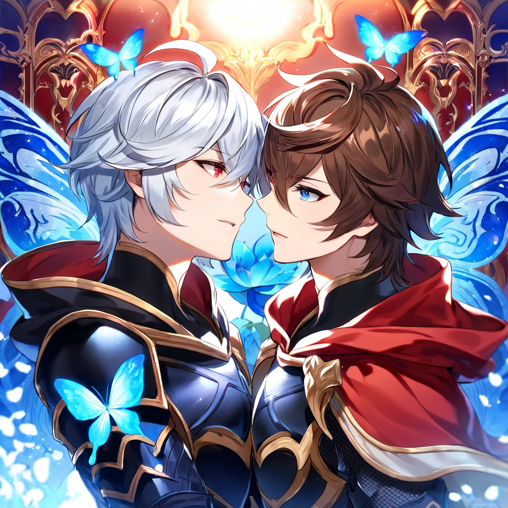 absurdres, highres, ultra detailed, HDR, master piece, best quality, Lucifer, white hair, expressive blue eyes, granblue fantasy, Sandalphon, brown hair, expressive red eyes, two men together, gay couple, yaoi, handsome, black armor, red cape, patterns, magical, fantasy, blue background, blue lotus, shining, blue petals, blue sparkling butterflies