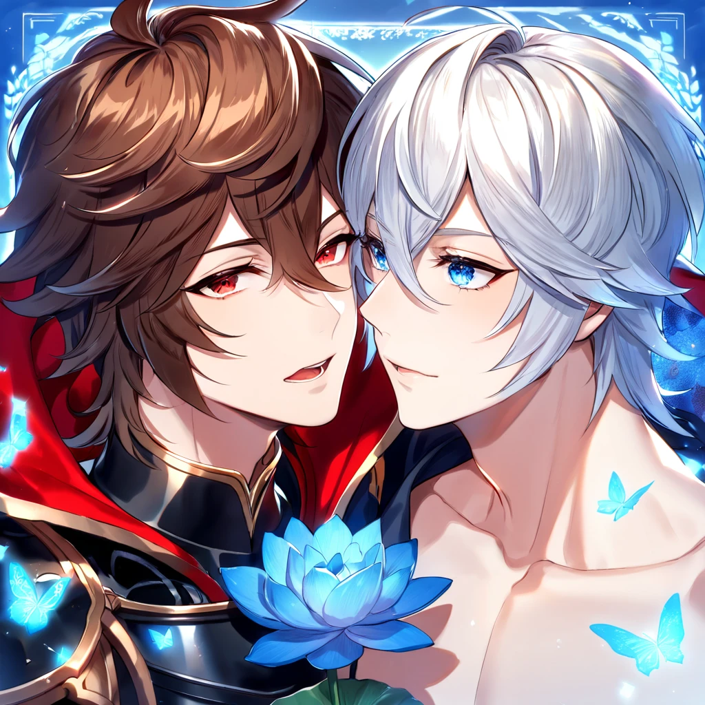 absurdres, highres, ultra detailed, HDR, master piece, best quality, Lucifer, white hair, expressive blue eyes, granblue fantasy, Sandalphon, brown hair, expressive red eyes, two men together, gay couple, yaoi, handsome, black armor, red cape, patterns, magical, fantasy, blue background, blue lotus, shining, blue petals, blue sparkling butterflies