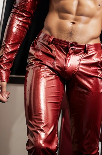 Handsome Latin Man Glamor Modern Fashion Shiny Stones Rhinestones Red Clothes Sexy Red Metallic Leather Athletic Jacket Star Red Chest Transparent Metal Silver and Red Leather. Male penis volume marked on pants. Quarto escuro com pouca luz. Cabelo prata. Penis volumoso