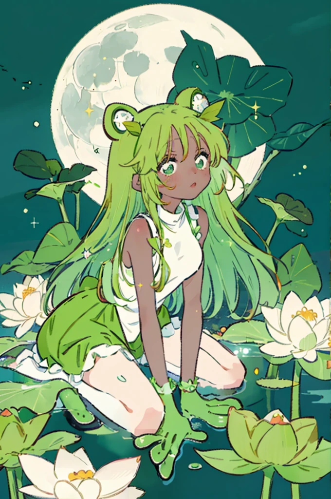 Yotsuba nakano, orange bob hair, green ribbon, Frog girl, frog ears, frog legs, frog hands, colored skin, dark green skin, frog clothes, sitting on the lotus, lake, moon, moonlight, star, sparkle, dot, detailackground, best quality