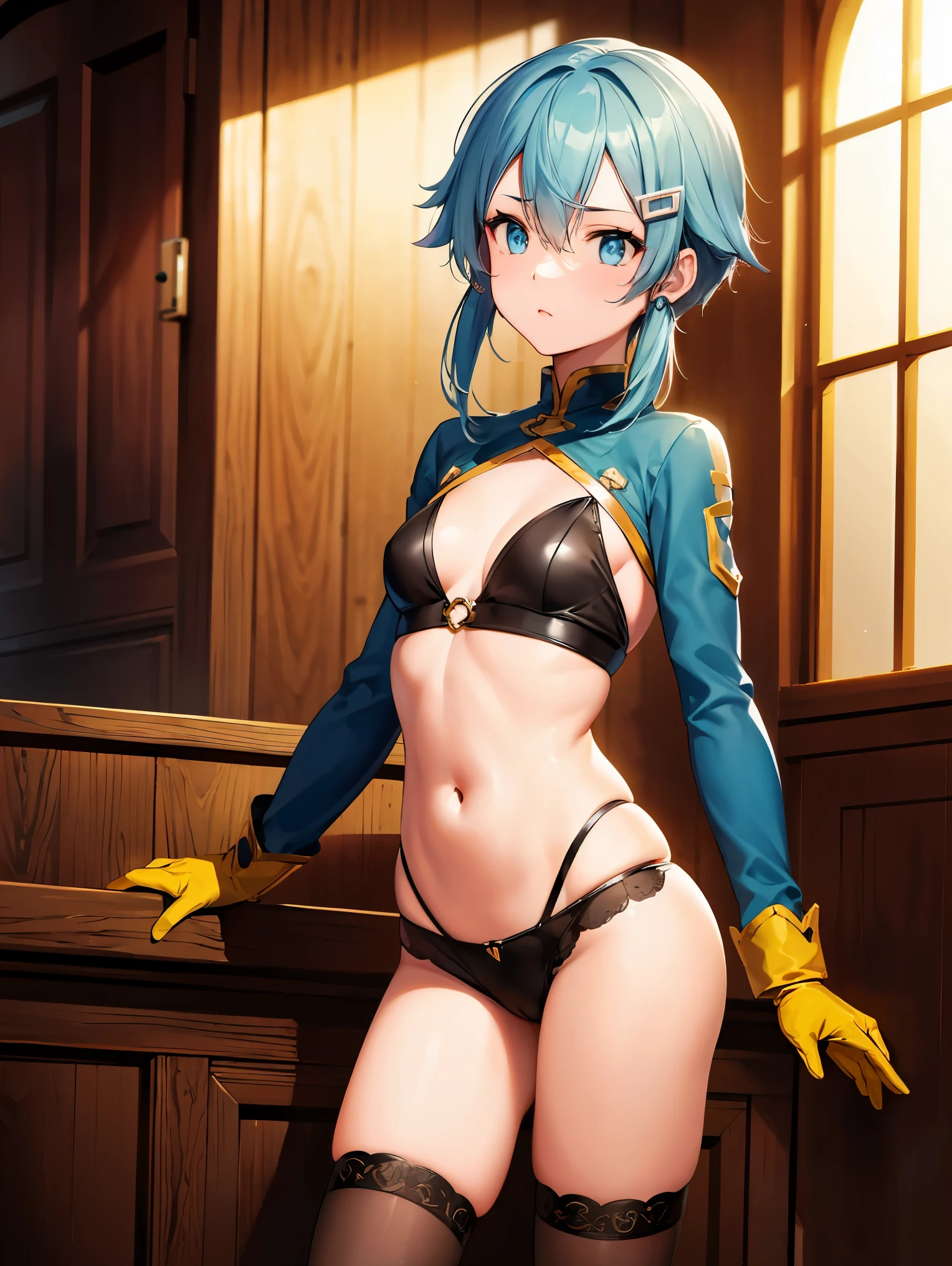 deep skin,textured skin,shinoasada, sinon, blue eyes, blue hair, hair ornament, hair between eyes, hairclip, short hair, sidelocks, (small breast:1.2),
BREAK (long sleeves, blue thighhighs, gloves, medium breasts:1,2)
BREAK (standing, dynamic pose), (dainty pose, super cute), Marquis' house Zheng, indoor background, Fashion magazine shoot, professional shading,
BREAK (masterpiece:1.2), best quality, high resolution, unity 8k wallpaper, (illustration:0.8), (beautiful detailed eyes:1.6), extremely detailed face, perfect lighting, extremely detailed CG, (perfect hands, perfect anatomy),