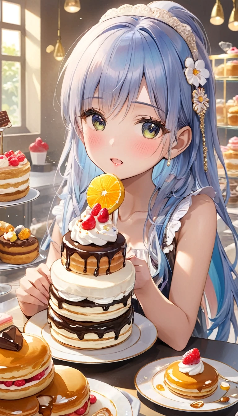 ((masterpiece, best quality, extremely detailed, absurdres)),, masterpiece, best quality, extremely detailed, (((light blue long hair))), long hair cute anime faces,detailed light,parted lips,shiny、beautiful detailed face,,longhair、(((( light blue long hair)))),,, , 1girl, solo, flat chest, blush, bangs, caramel、Perfect beautiful woman, baker, amazing artwork of bakery, decora inspired illustrations,there is a plate with a stack of pancakes with whipped cream on top, Whipped cream on top, mouthwatering, Cute:2, dessert, a cake, marmalade, cream, whipped cream, caramel, vanilla, recipe, pancake short large head, Warm,, honey, basic、masterpiece, best quality, ultra-detailed, illustration, 1woman, single, solo, sweets, candies, desserts, pastries, cakes, chocolates, cookies, ice cream, frozen yogurt, doughnuts, pastries, sweet treats, sugar, sugar rush, indulgence, pleasure, overindulgence, excess, extravagance, opulence, luxury, riches, wealth, comfort, cozy, warm, inviting, alluring, tempting, seductive, irresistible, mouthwatering, delicious, appetizing,
