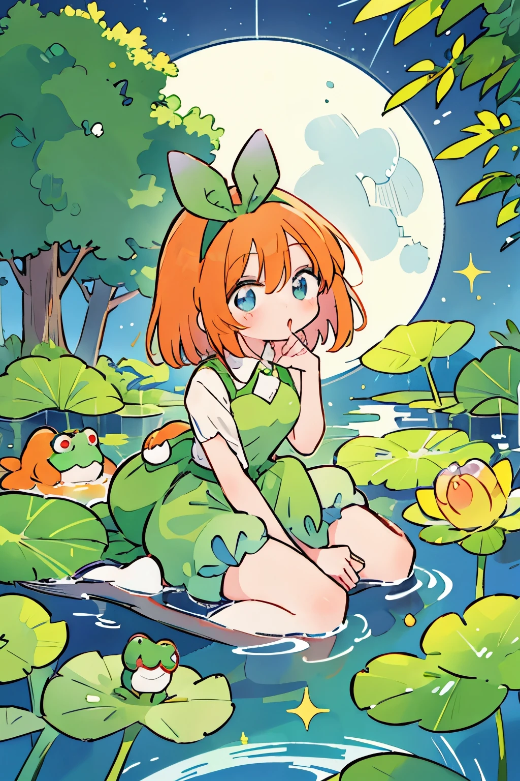 Yotsuba nakano, orange bob hair, green ribbon, blue eyes, frog girl, frog ears, frog legs, frog hands, colored skin, dark green skin, frog clothes, sitting on the lotus, lake, moon, moonlight, star, sparkle, dot, detailackground, best quality