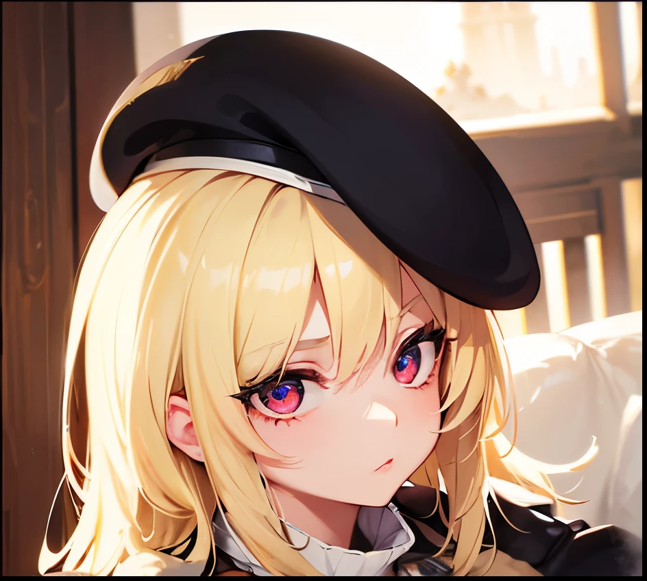 A beautiful girl with short blonde hair, serious expression, medium-sized breasts, wearing a beret, 4K resolution, hooded, with glowing red eyes, fantasy, surreal, ethereal, dramatic lighting, cinematic, highly detailed, intricate, photorealistic, masterpiece