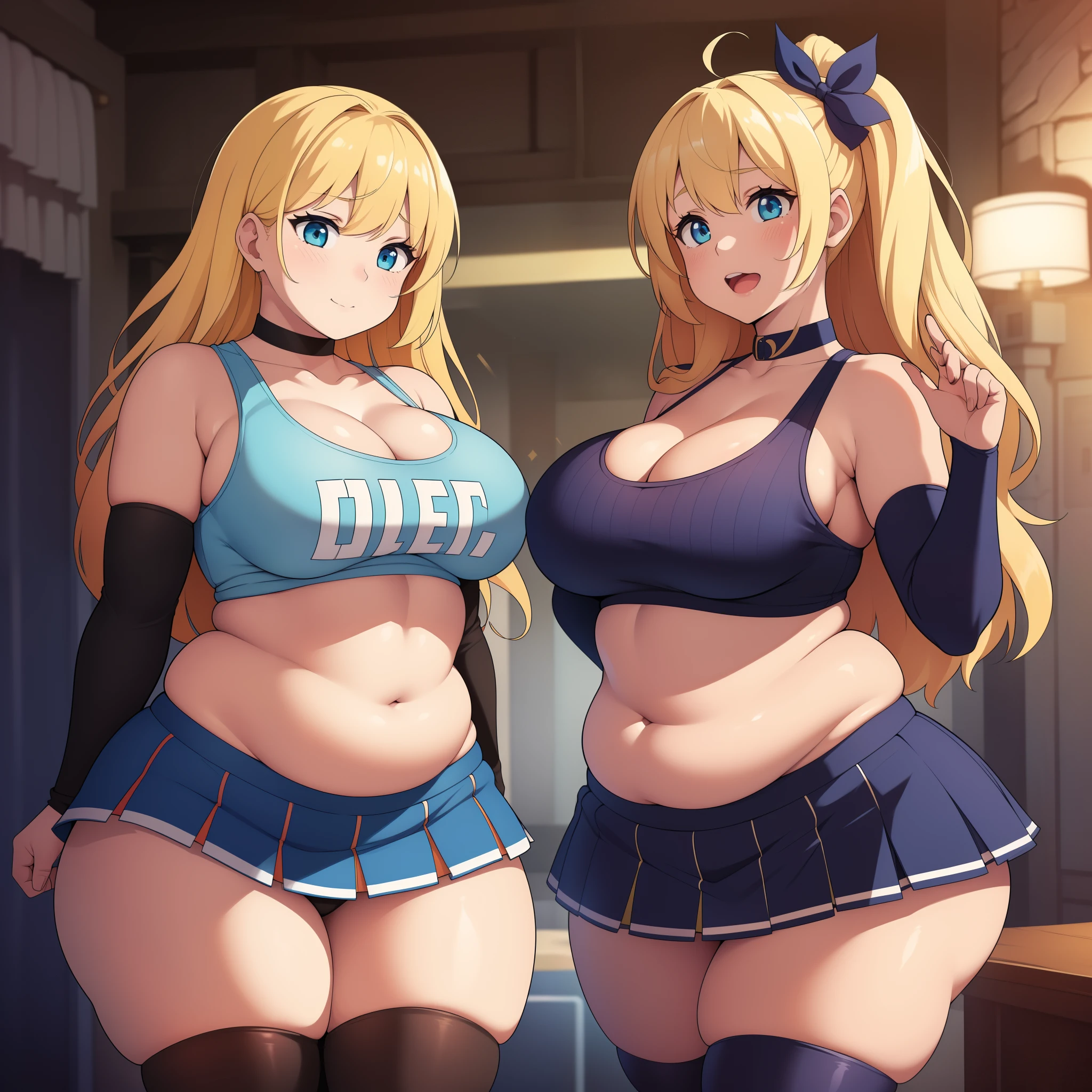 ((Masterpiece)), perfect anatomy, perfect shading, field of depth, (best quality), extremely delicate and beautiful, perfect lighting, detailed face, ultra cute face, cute, (cowboy shot 1.2), full body, (((2girls))), ((2 girls 1 and 2))
Girl 1: has long hair, fluffy hair, blonde hair, blue eyelush)), embarrassed, extremely tight clothes, medium breasts, cleavage, perky breasts, ((wide hips)), (thick thighs), ((chubby)), pudgy belly, fat rolls, belly hang,
Girl 2: has short hair, fluffy hair, brown hair, green eyelush)), seductive smile, chocker, extremely tight clothes, medium breasts, cleavage, perky breasts, (((wide hips))), ((thick thighig butt)), ((plump)), chubby belly, fat rolls, belly hang, she has a jiggly belly,
football field, intricate background, detailed background, girls are standing next to each other, ((cheerleader uniform)), (blue and white tank top 1.2), (short section skirt 1.2), thigh highs,