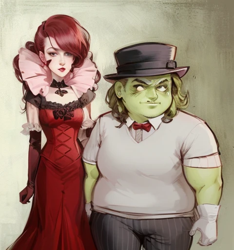 a drawing of a woman in a red dress and a man in a black hat, medium shot of two characters, monet and da vinchi art style, two characters, both wearing victorian clothes, two different characters, pixivs and junji ito, wearing fancy clothes, androgynous vampire, genderswap, old timey, inspired by Romaine Brooks