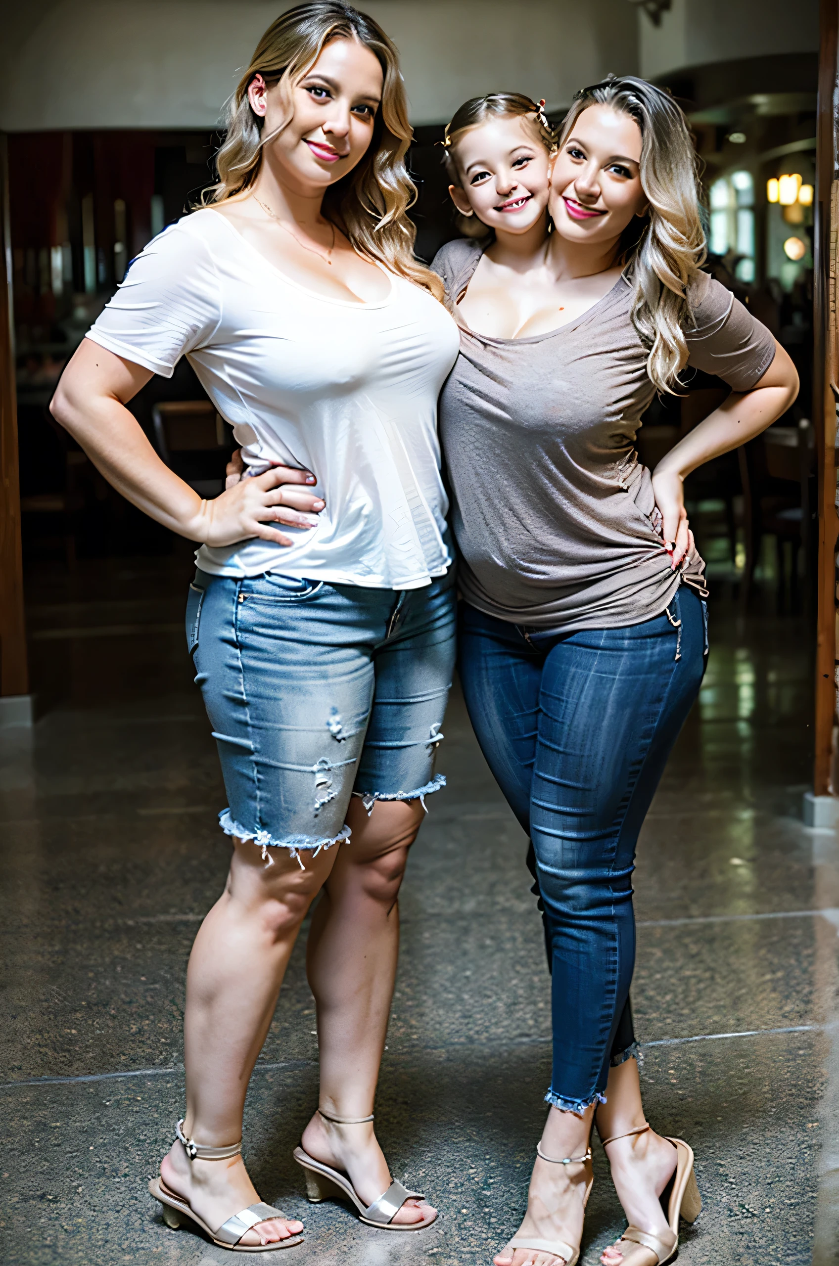 2heads, two headed mom, age 39, Irish, wavy blonde hair, curvy, loving, pretty, casual outfit, standing in Walt Disney World with her young daughter,