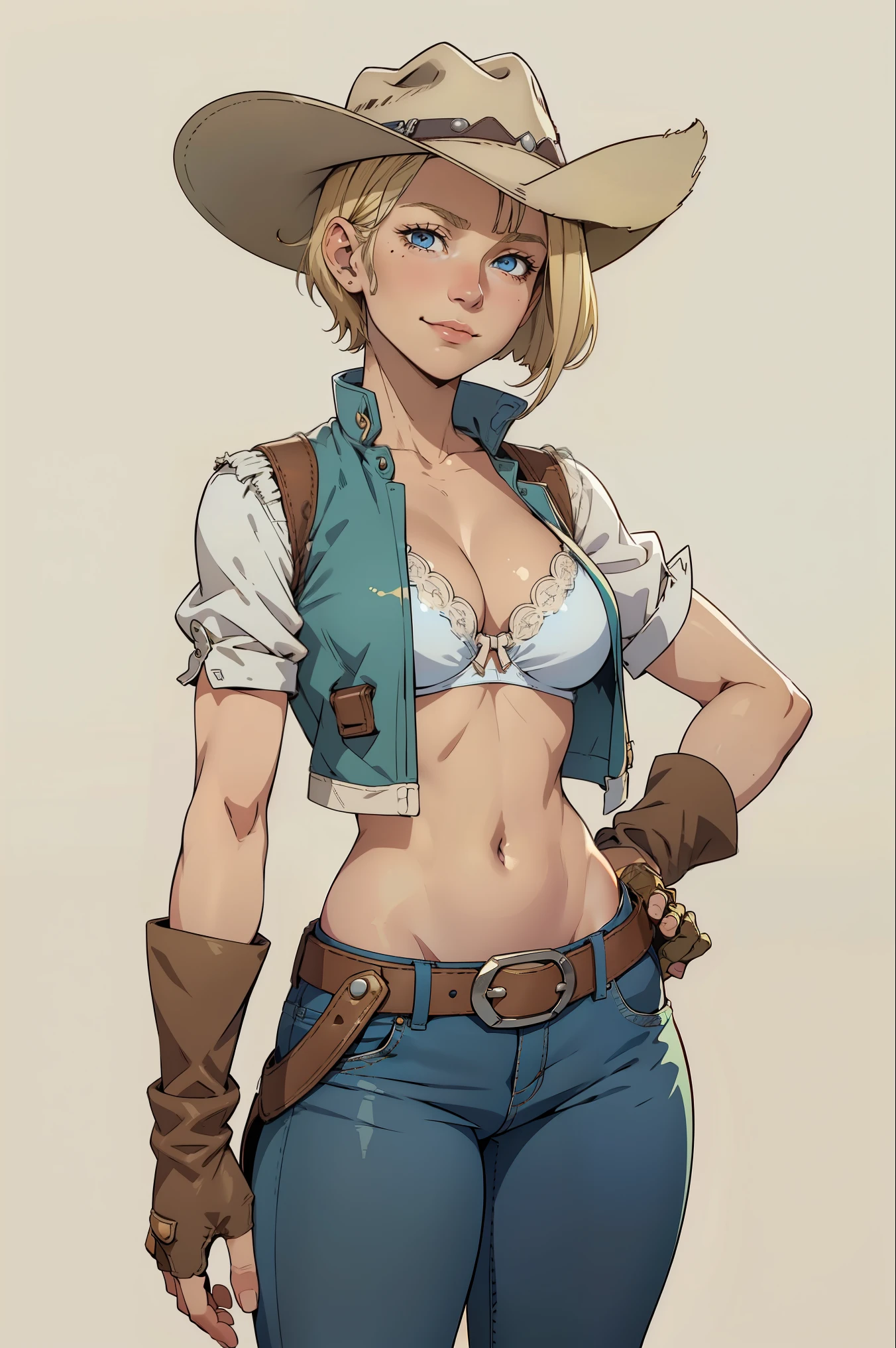 1girl, cowboy hat, white bra, green vest, no sleeves, navel, blue jeans, brown boots, fingerless gloves, short gloves, slight smile, short hair, blonde hair, parted bangs, blue eyes, mole under right eye, American Old West, sunny desert background, belt, best quality, masterpiece