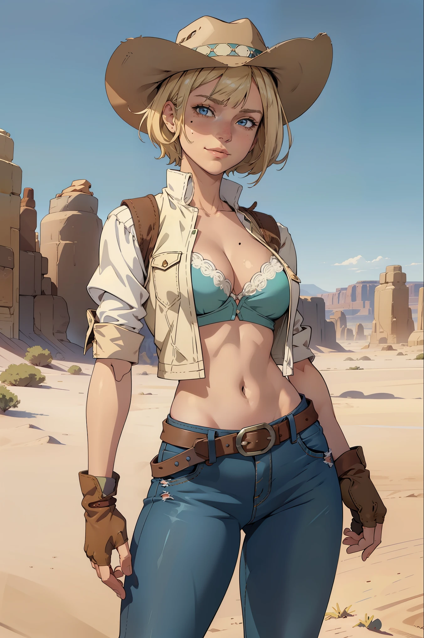 1girl, cowboy hat, white bra, green vest, no sleeves, navel, blue jeans, brown boots, fingerless gloves, short gloves, slight smile, short hair, blonde hair, parted bangs, blue eyes, mole under right eye, American Old West, sunny desert background, belt, best quality, masterpiece