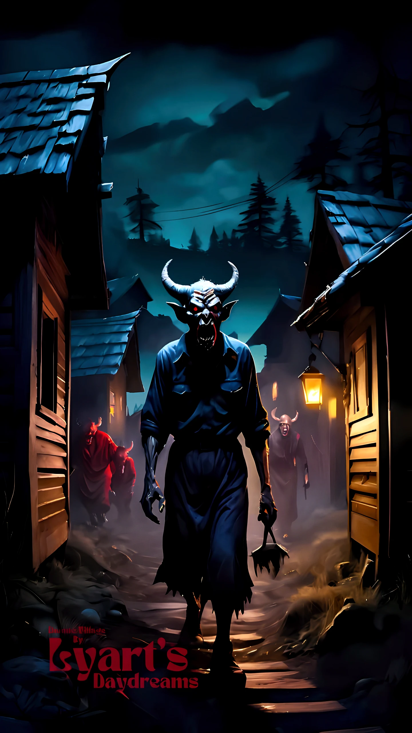 A monstrous medieval goblin, with deformed body and disgusting tentacles, in a medieval city, night, dark environment, darkness, fog, bloodstained, horror