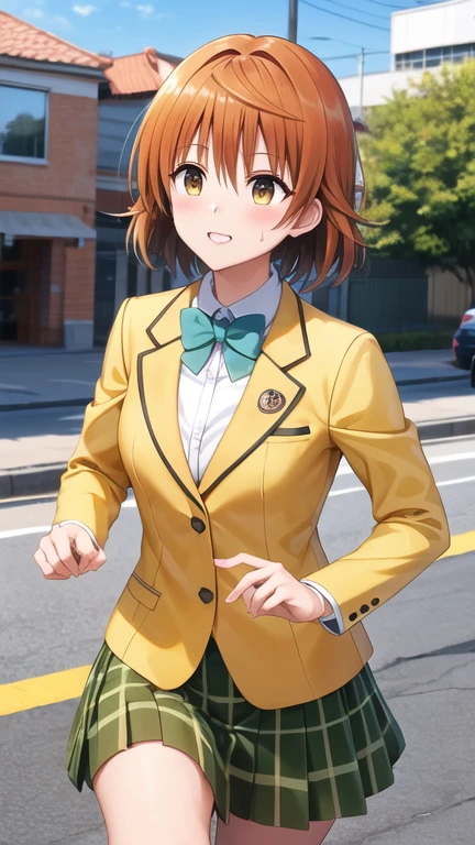 masterpiece, best quality, highres, Yuusaki Riko, short hair, brown eyes, , blue bowtie, blazer, yellow jacket, long sleeves, plaid skirt, green skirt, running, sweat, outdoors, road,