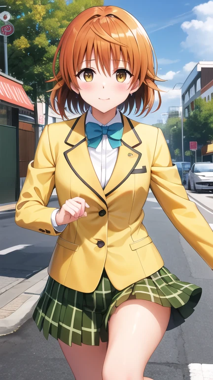 masterpiece, best quality, highres, Yuusaki Riko, short hair, brown eyes, , blue bowtie, blazer, yellow jacket, long sleeves, plaid skirt, green skirt, running, sweat, outdoors, road,