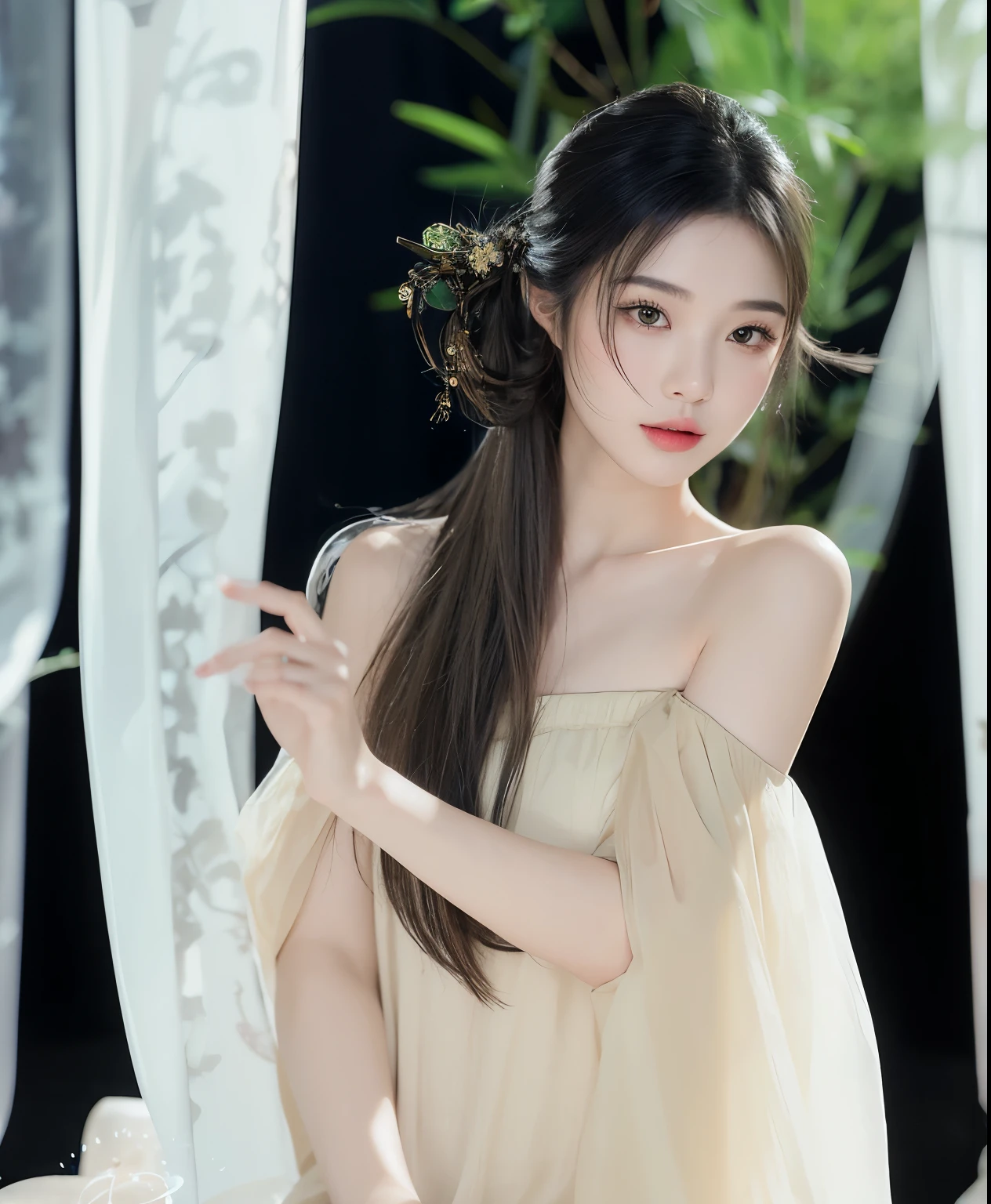 masterpiece, best quality, A girl faces the camera,Black hair,Side ponytail hairstyle,Flowing long hair,Long straight hair,Chinese girl,pretty girl,a girl,Exquisite facial features,Traditional Chinese girl
