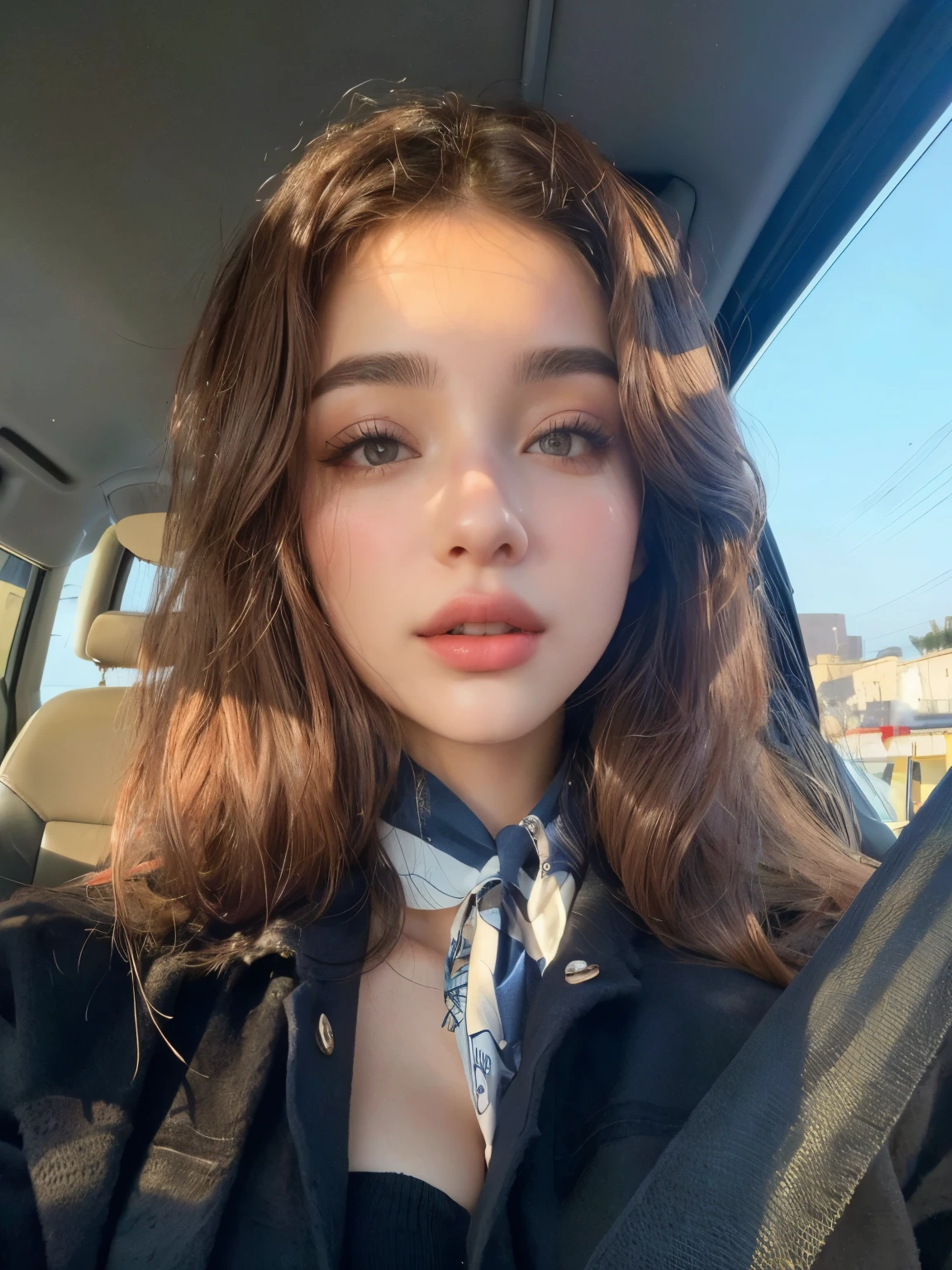 hay una mujer con corbata sentada en un auto, labios gruesos, Retrato de Sophie Mudd, she parece una mezcla de mugre, soft devil queen cerveza madison, 18 years, con labios muy finos, bella poarch, 19 year old girl, cerveza madison, parece una mezcla de mugre, labios muy separados