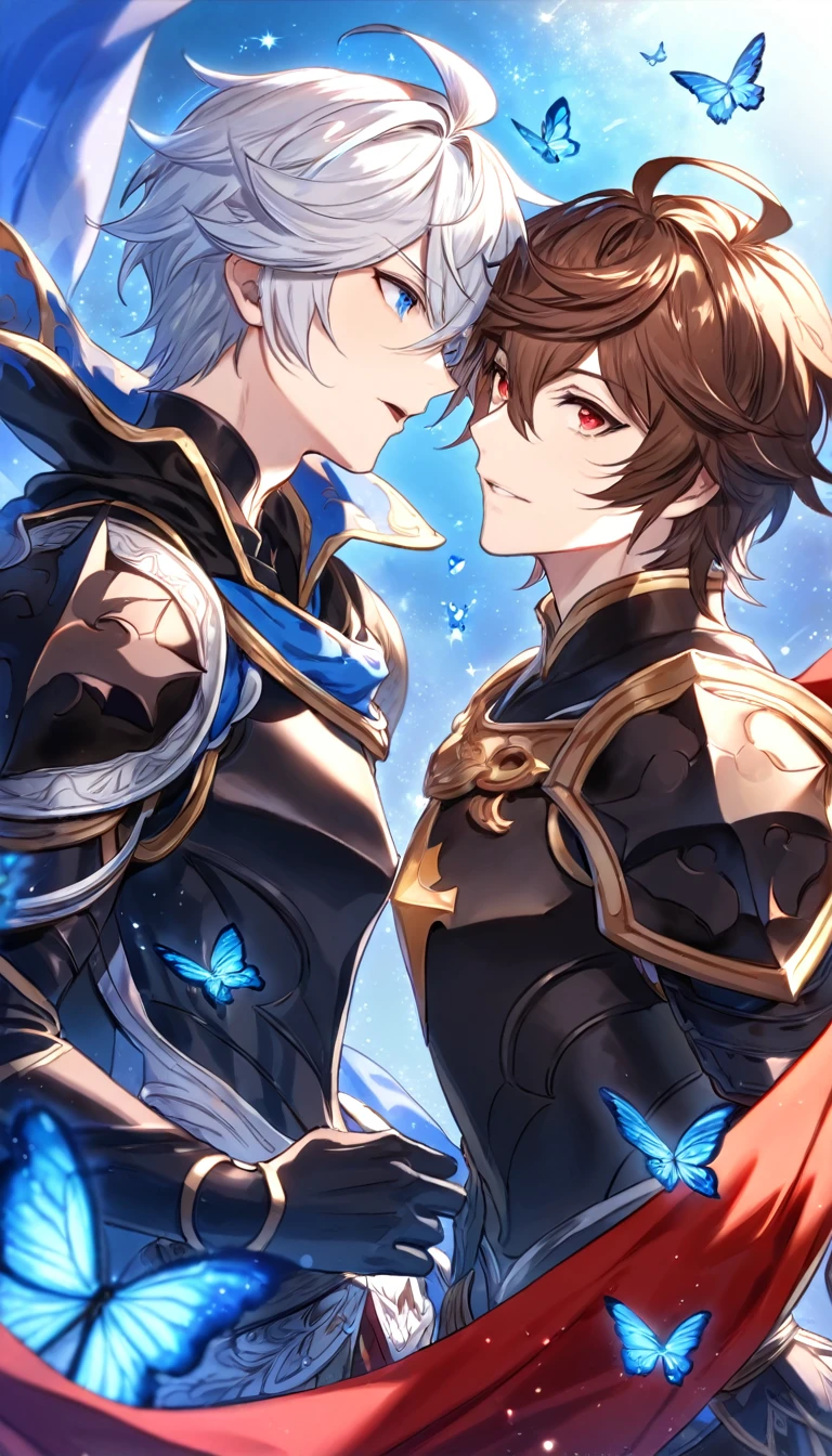 absurdres, highres, ultra detailed, HDR, master piece, best quality, Lucifer, white hair, expressive blue eyes, granblue fantasy, Sandalphon, brown hair, expressive red eyes, two men together, gay couple, yaoi, handsome, black armor, red cape, patterns, magical, fantasy, blue background, blue lotus, shining, blue petals, blue sparkling butterflies