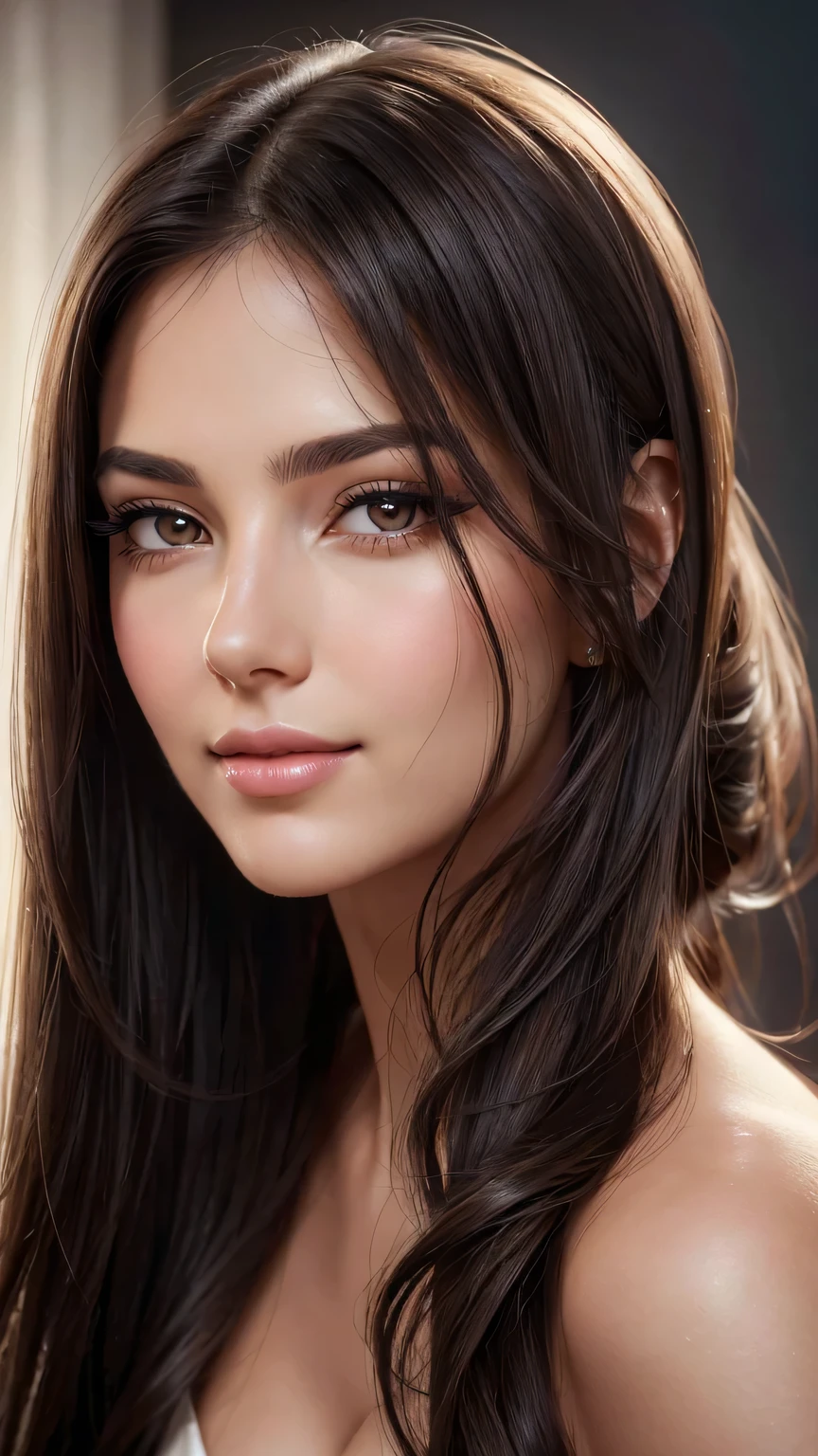 Soft portrait of a beautiful woman, flowing dark hair, captivating gaze, elegant features, radiant smile, feminine beauty, subtle makeup, striking eyes, long lashes, graceful posture, stylish attire, soft shadows, warm skin tones, detailed portrait, realistic style, high-resolution, delicate lighting, digital painting, by Sofia Bonati, Behance.