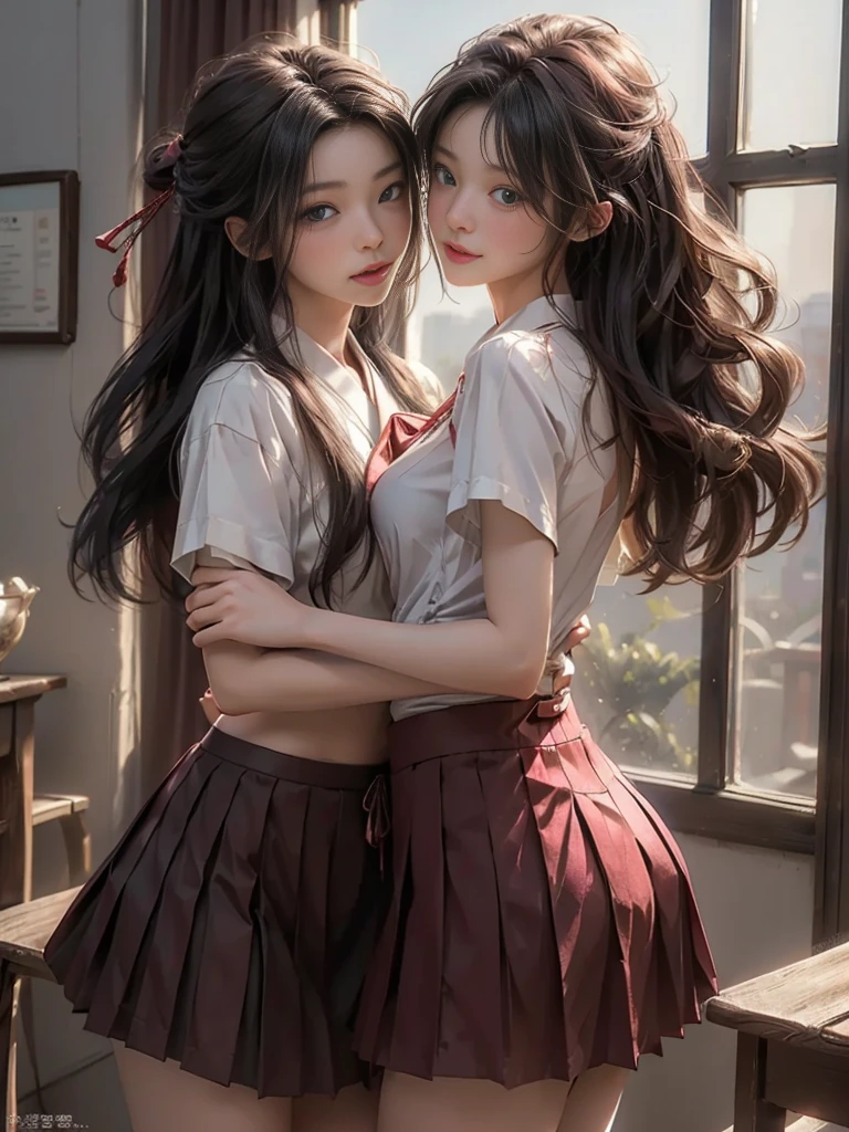 ((masterpiece、highest quality、Highest image quality、8K))、realistic skin texture、photorealistic、High resolution、Raw photo、(Perfect anatomy of the human body)、(two girls kissing:1.2)、((beautiful eyes looking at each other))、Charming small thin lips are shiny even without lipstick; gorgeous brunette hair and blonde hair dancing in the wind、They both wear the same high .、(white blouse、crimson ribbon tie、gray pleated mini skirt)、japanese goddess、dear、Classroom illuminated by the setting sun、Photograph of two people in close contact from the front、