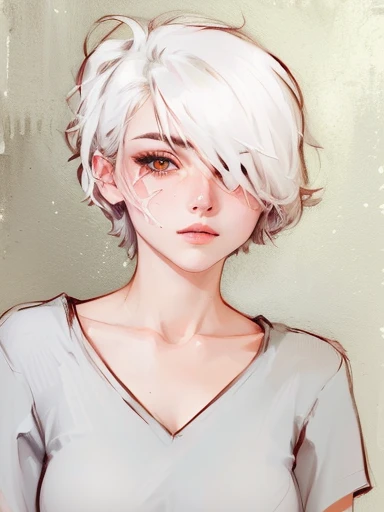 a drawing of a woman with a white hair and a gray shirt, halfbody portrait, colored sketch, halfbody headshot, delicate androgynous prince, half body portrait, inspired by Eddie Campbell, sketchy artstyle, ((red)) baggy eyes, inspired by Aleksander Gine, semirealistic anime style, inspired by Caspar Wolf